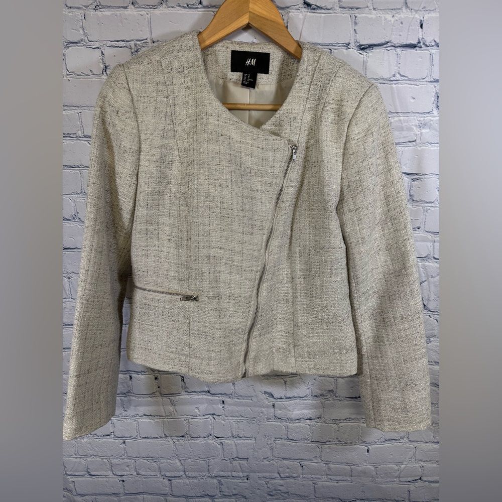 H&M Cream Gray Cropped Casual Classic Streetwear Chic Moto Blazer Size 10